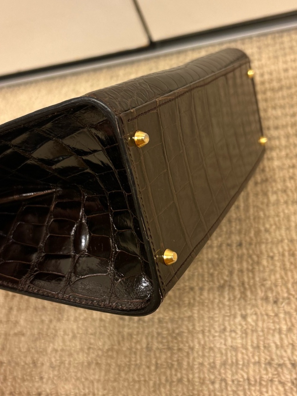 Vtg Celine logo ring dark brown Croc-Embossed exotic skin Top Handle Bag purse - Picture 8 of 16